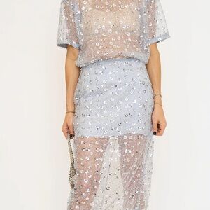 Light Blue Sequin Pencil Skirt - Womens